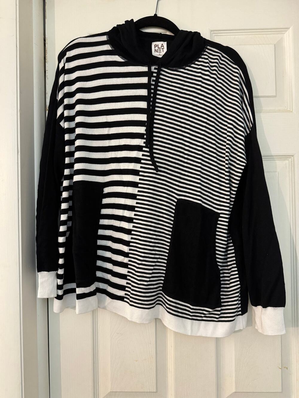 Planet by Lauren G Striped Hooded Sweater Asymmetrical Colorblock (One Size)